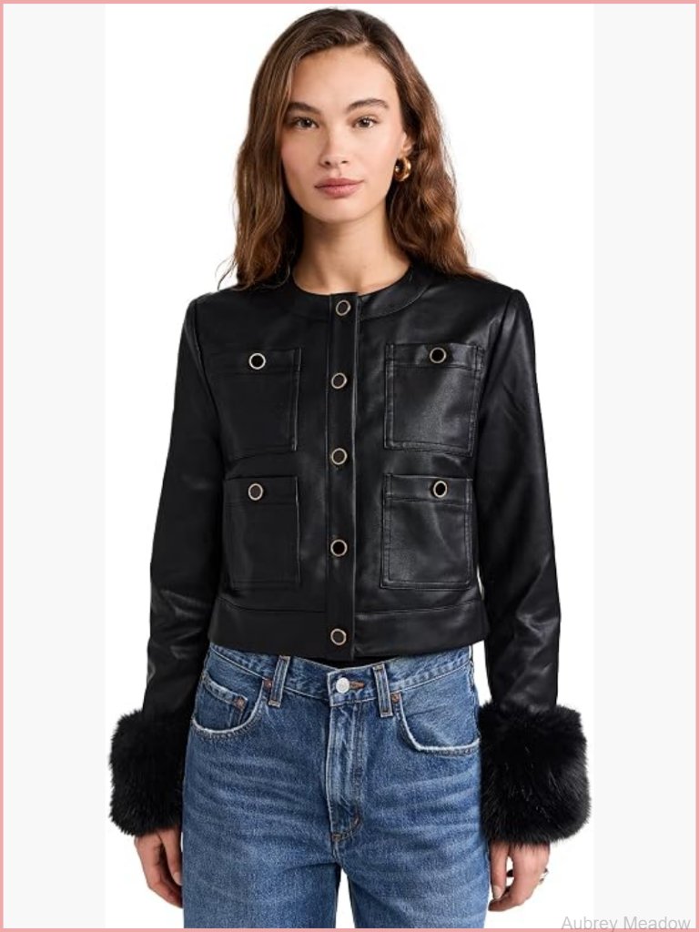 Women's Boxy Faux Leather Blazer Jacket With Fur Cuffs